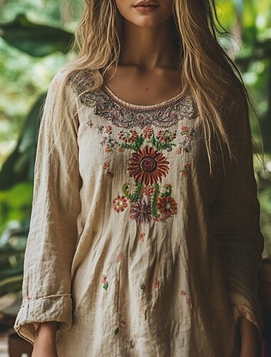 Dam västerländsk blus Boho skjorta Blus Blomma Modern Ledigt Boho Långärmad Rund hals Vanliga toppar Helgdag Utekväll Mönster Ljusgrön Marinblå Aprikos Sommar