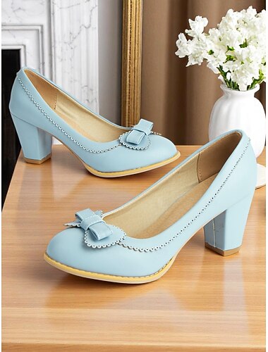  Tacones con lazo azul claro para mujer de los años 50: zapatos de punta redonda de piel sintética con ribete festoneado para atuendos de inspiración vintage, ropa de oficina y bodas de primavera.