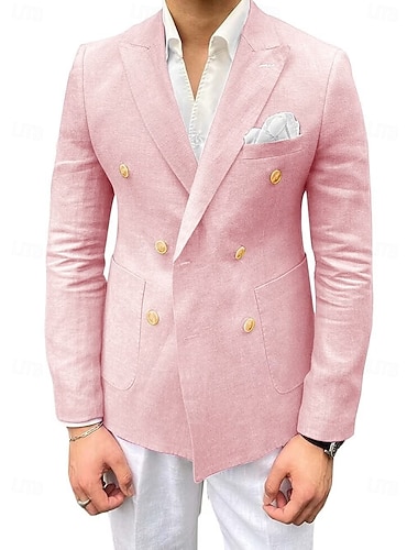  Blazer de lino para hombres chaqueta de deporte moda casual de verano color sólido negro rosa caqui ajuste ajustado con un doble pecho y seis botones