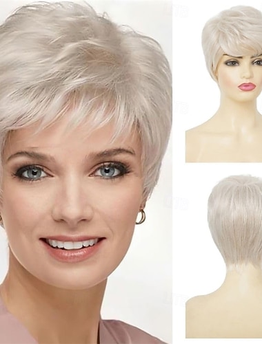  blonda korta peruker för kvinnor pixie cut peruk med lugg naturlig syntetisk mormor hår peruk för daglig fest användning