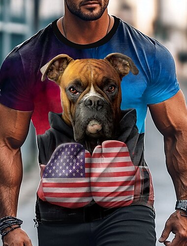  T-shirt da uomo con stampa 3D "Through Boxer USA" di Vincent Hie, a maniche corte, girocollo, stile esagerato, per feste in strada, casual, blu, estate, primavera, abbigliamento per tutte le stagioni.