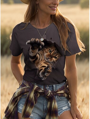  Mulheres Camiseta Gráfico Animal Gato Vintage à moda Clássico Manga Curta Gola Redonda Decote Redondo Tops regulares Diário Final de semana Imprimir Verde Sage Marron Verão Primavera