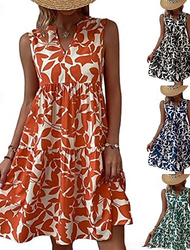  Női Mini ruha Virágos ruha Nyomtatott ruha Klasszikus Modern Vakáció Napi Szabadság Normál Virág Ujjatlan V-alakú Fekete Sötétkék Narancssárga Lóhere Nyár