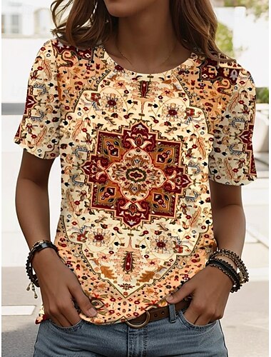  Damen T Shirt Grafik Paisley-Muster Vintage Stilvoll Lässig Kurzarm Rundhalsausschnitt Normale Oberteile Täglich Wochenende Strandbekleidung Druck Schwarz + Weiß + Rot Schwarz Rosa Dunkelgrün Braun