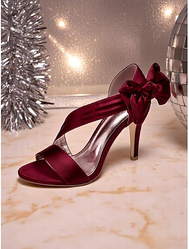  Escarpins à talons hauts en satin bordeaux pour femmes – élégantes sandales de cocktail à bout ouvert avec brides croisées et nœud pour mariages et fêtes