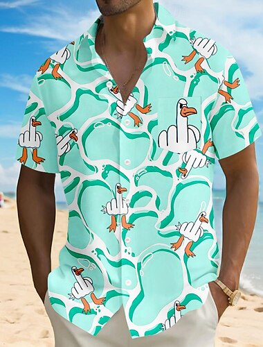  Herren Geometrisch Lustig Ente Hemd Sommer Hawaiihemd Knopfhemd Kurzarm Hawaiianisch Urlaub Ferien Strandbekleidung Sommer Umlegekragen 3D-Druck Eine Tasche vorne Leinenähnliches Hemd Blau Purpur