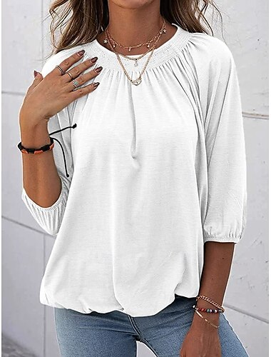  女性用 Tシャツ 平織り ファッション 近代の 七分袖 クルーネック レギュラートップス 日常 ブラック ホワイト ピンク ワイン アーミーグリーン 夏