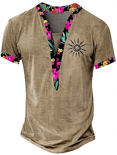  Homme Tribal T-shirt Chemise Henley Manche Courte Designer Basique Ethnique Extérieur Occasionnel Quotidien Été Vert Marron clair Kaki Henley T-shirt Henley