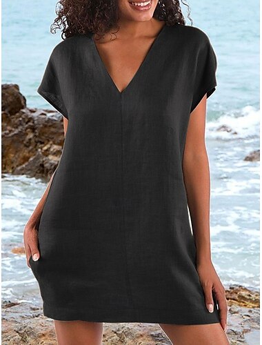  Femmes Mini Robe Robe Décontractée Classique Vacances Date Sortir Coupe Ample Uni Manche Courte Col en V Noir Vert foncé Chameau Grise Été