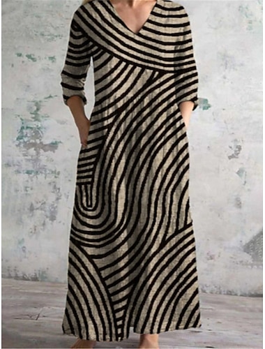  Femmes Robe Longue Maxi Robe Robe Décontractée Robe d'été Robe bohème Mode Vacances Quotidien Week-end Coupe régulière Géométrique manche longue Col en V Noir Kaki Abricot Été