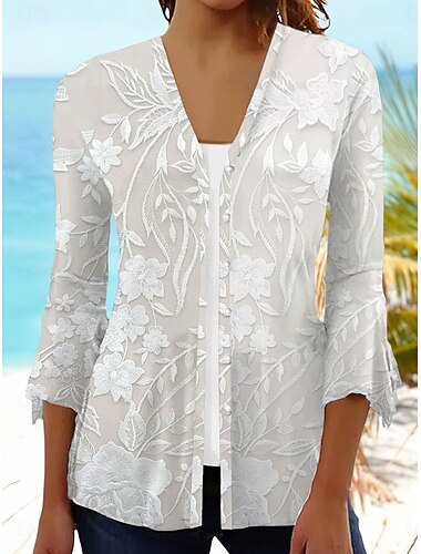  Mujer Camiseta Floral Graphic Elegante Casual Manga 3/4 Escote en Pico Tops regulares Diario Estampado Rosa Azul Piscina Morado Beige Verano