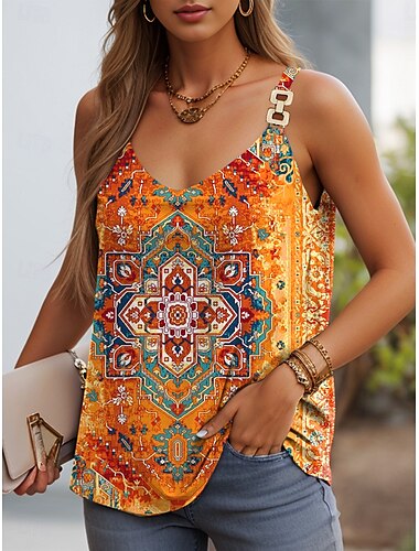 Dam Camisole linne Grafisk Geometrisk Ledigt Ärmlös Axelband Vanliga toppar Dagligen Öppen rygg Lappverk Mönster Gul Rubinrött Orange Sommar Vår