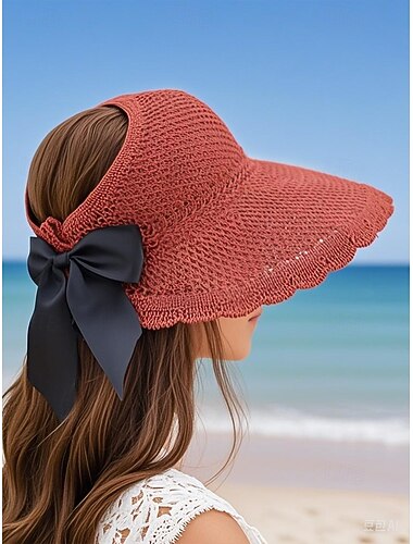  γυναικείο ψάθινο πτυσσόμενο καπέλο ηλίου με φαρδύ γείσο με μαύρο φιόγκο – κομψό καπέλο προστασίας από υπεριώδη ακτινοβολία παραλίας για καλοκαιρινά ταξίδια και ρούχα σε εξωτερικούς χώρους