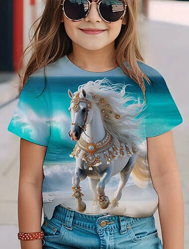  Chica 3D Caballo Camiseta Manga Corta Verano Primavera Moda Básico Niños 4-12 años Cuello Barco Exterior Casual Diario Ajuste regular