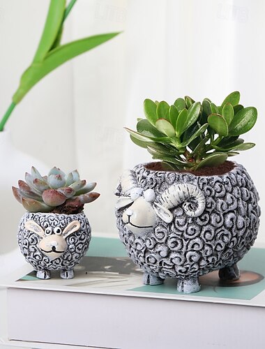  2 Stück/Set Pflanztöpfe aus Kunstharz, Figur für Sukkulenten, Cartoon-Schaf- und Ziegen-Design, kreative Gartendeko, niedlicher Tier-Pflanztopf für den Innen- und Außenbereich, Topfornament aus