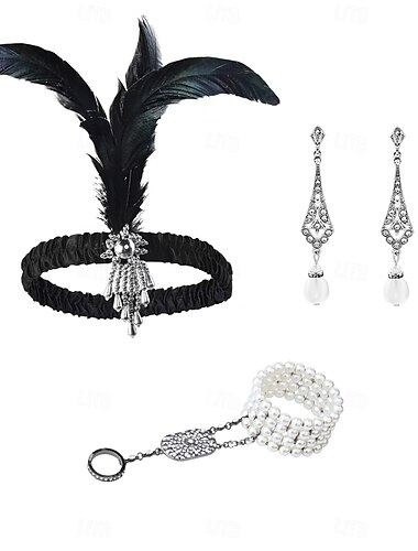  1920er Der große Gatsby Flapper-Stirnband Perlenarmband Ohrringe Der große Gatsby Feder Retro Funkelnder Glitzer Kristall / Strass Damen Karneval Valentinstag Maskerade Party-Abendmode Maskerade