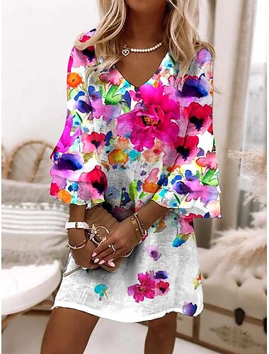  Women's Mini Dress Sundress A Line Dress Vacation Casual Boho Beach Regular Fit Ombre Floral Graphic 3/4 Length Sleeve V Neck Colourful Summer Spring