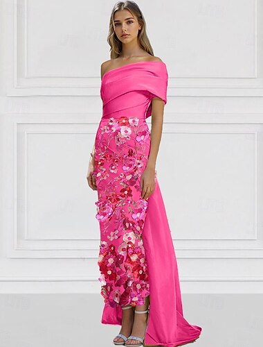  Gelb-Blau besticktes Blumensäulen-Abendkleid, elegantes Kleid für formelle Hochzeiten, bodenlang, kurze Ärmel, schulterfrei, italienischer Satin mit Schlitz, 2025