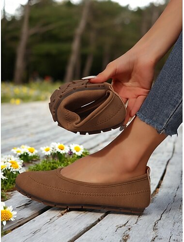  Ballerines pieds nus à bout large pour femme, marron – Chaussures confortables à enfiler sans dénivelé pour la marche et les voyages