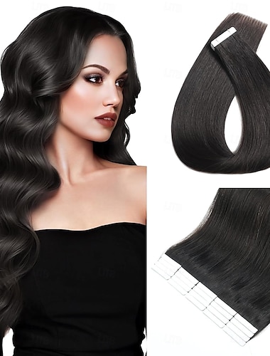  Extensions de cheveux humains sans couture 1# noir à bande adhésive pour cheveux raides 18 pouces 60 g 20 pièces
