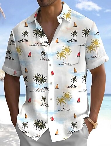  Férfi Kókuszfa Csónak Trópusi növények Ing Hawaii ing Gombos póló Rövid ujjú Hawaii Szabadság Strandruházat Nyár Tavasz Térfogatcsökkenés 3D nyomtatás galléros ingek Első egy zseb Fehér