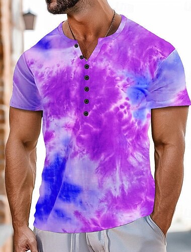  Herren Tie Dye Print T Shirt Henley Hemd Kurzarm Sport Mode Designer Outdoor Straße Lässig Sommer Dunkelviolett Waldgrün Blau Hellgrün Henley Henley T-Shirt