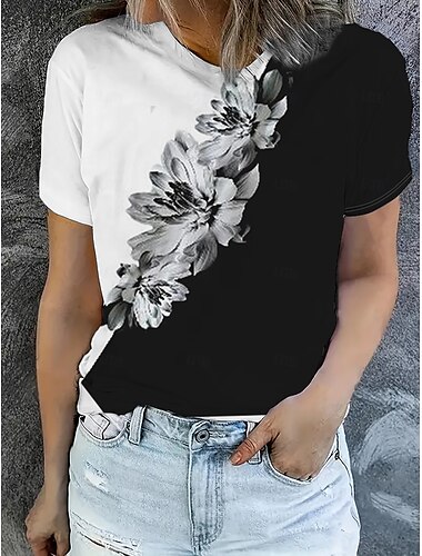  Dam T-shirt Summer Tops Blommig Grafisk Klassisk Ledigt Kortärmad Rund hals Crop Tops Dagligen Helgen Mönster Vit / Svart Sommar Vår Höst