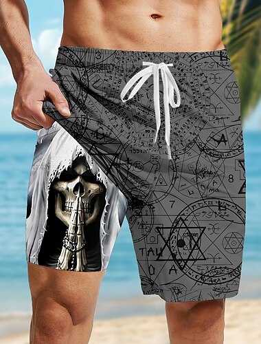  Herren Geometrisch Schädel Gothic Gefütterte Shorts 2 in 1 Badeshorts Badeshorts Mittlere Taille Hawaiianisch Retro Vintage Ferien Seitentaschen Mit Kompressionsfutter Elastischer Kordelzug in der