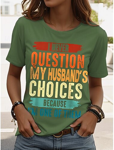  女性用 Tシャツ グラフィック レタード スタイリッシュ クラシック カジュアル 半袖 クルーネック レギュラートップス 日常 お出かけ 週末 プリント ブラック ルビーレッド ブルー パープル グリーン 夏 春 Teasing husband