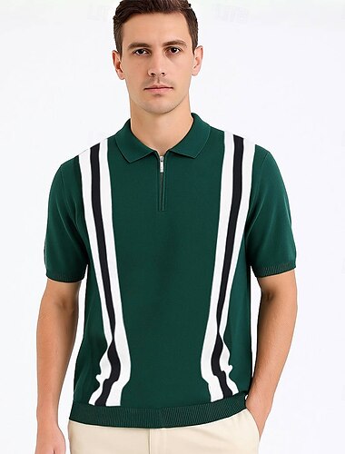  Herren Polo Strick-Polopullover Geschäft Lässig Revers Kurzarm Formell Gestreift Streifen Patchwork Sommer Ganzjahres Schwarz Weiß Grün Polo