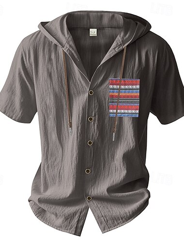  Homens Camisa Social Camisa casual camisa de botão Camisa de algodão Tecido Férias Rua Preto Branco Verde Claro Azul Marinho Escuro Manga Curta Com Capuz Verão Roupa Botão para baixo