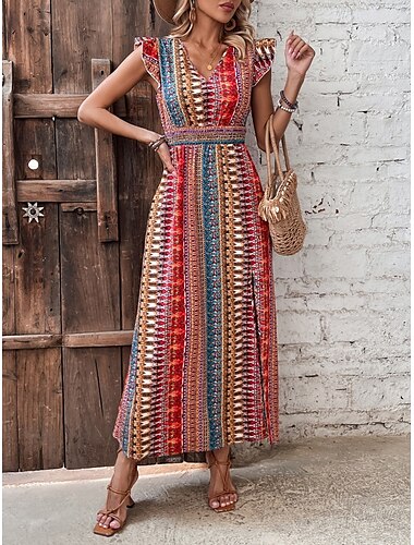  Rochie Boho pentru femei Rochie Western Rochie Vintage Rochie Maxi Rochie A Linie Rochie Casual Exterior Plecând la plajă Ajustare regulară Grafic Fără mâneci Gât V Galben Roșu Albastru Vară