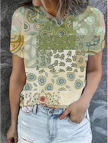  Damen T Shirt Sommeroberteile Grafik Geometrisch Klassisch Lässig Kurzarm Rundhalsausschnitt Crop Tops Täglich Wochenende Druck Regenbogen Sommer Frühling Herbst