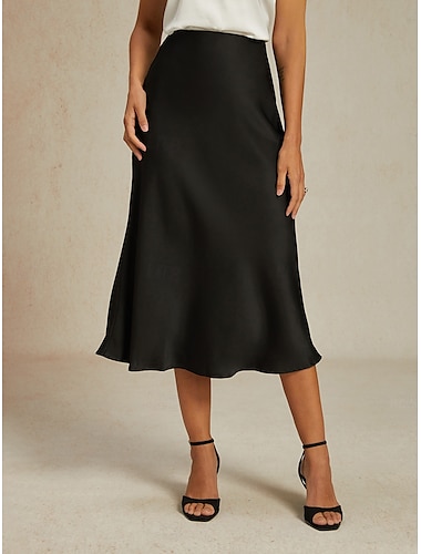  Dam Kjol Elegant Mode Affär Midi Mellanhög midja Kjolar Slät Arbetskläder Bröllopsgäst Svart Sommar Satäng