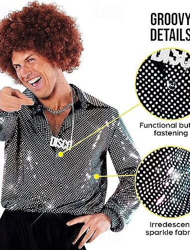  Retro vintage Jaren '70 Hemd Hippie Schijf Glanzend latex patent Metallic Kostuum Voor heren Halloween Carnaval Prideparade Trots maand Volwassenen Hemd Alle seizoenen