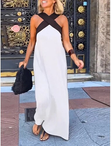  Damen Maxikleid Sommerkleid Lässig Täglich Normale Passform Grafik Ärmellos Neckholder Schwarz Weiß Wein Fuchsie Sommer