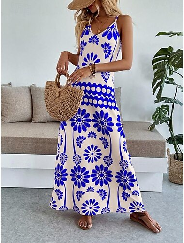  Damen Maxikleid A Linie Kleid Unterkleid Urlaub Lässig Boho Party Ausgehen Standard Passform Blumen Grafik Ärmellos V Ausschnitt Rot orange Schwarz Blau Grün Sommer Frühling