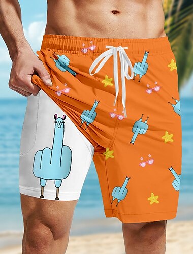  Herren Tiermotiv Lustig Alpaka Gefütterte Shorts 2 in 1 Badeshorts Badeshorts Mittlere Taille Hawaiianisch Urlaub Ferien Strandbekleidung Seitentaschen Mit Kompressionsfutter Elastischer Kordelzug in