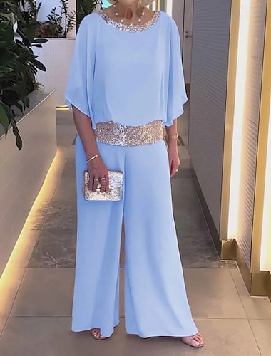  Zweiteilig Overall / Hosenanzug Brautmutterkleid Elegant Vintage Einfach U-Boot-Ausschnitt Bodenlang Chiffon Halbarm mit Paillette 2025
