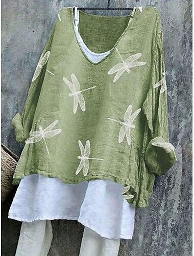  Damen Bluse Grafik Libelle Stilvoll Lässig Dreiviertelarm V Ausschnitt Normale Oberteile Täglich Rosa Blau Purpur Grün Sommer Frühling