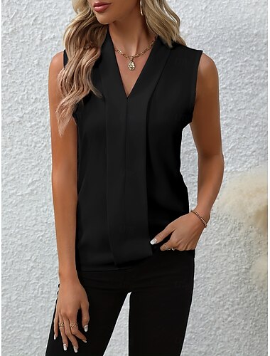  Damen Trägerhemd Tanktop Einfarbig Schlicht Elegant Lässig Ärmellos V-Ausschnitt Reguläre Tops Täglich Urlaub Rüschung Schwarz Weiß Gelb Rot Beige Sommer Frühling