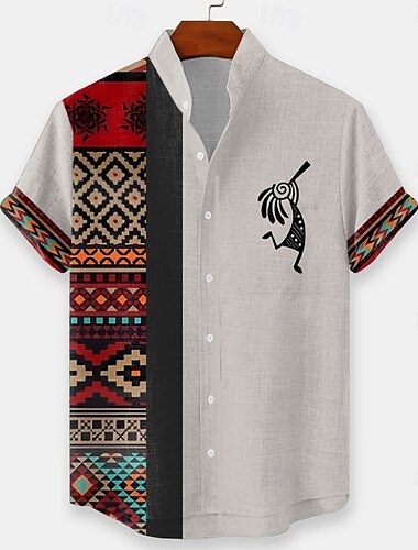  Herren Geometrisch aztekisch Ethnisch Hemd Knopfhemd Stehkragenhemd Kurzarm Vintage-Retro Urlaub Alltagskleidung Strandbekleidung Sommer Frühling Mandarinkragen 3D-Druck Leinenähnliches Hemd Grün