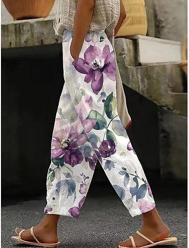  Kvinnors bomull linnebyxor baggy byxor linne-liknande strandshorts semester vintage mode hel längd hög midja blommig grafiktryck termisk varm andningsbar mjuk micro-elastisk casual violett