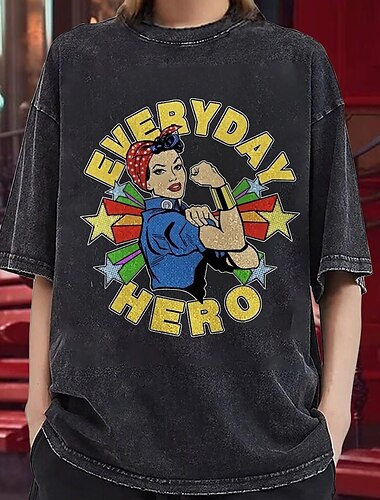  T-Shirt Übergroßes Acid-Wash-T-Shirt Retro Poster Retro-Mädchen Grafik Für Paar Herren Damen Erwachsene Maskerade Heißprägen Alltagstauglich