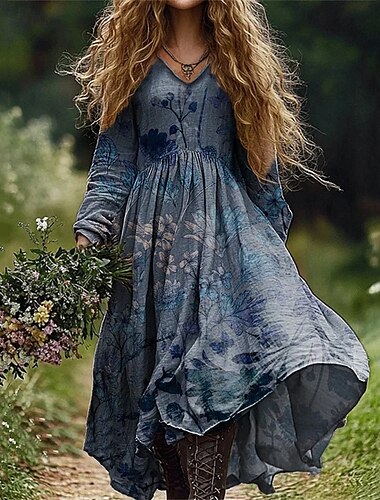  Damen Langes Kleid Maxikleid Freizeitkleid Boho-Kleid Elegant Mode Romantisch Outdoor Urlaub Ferien Normale Passform Blume Langarm V Ausschnitt Blau Sommer Frühling