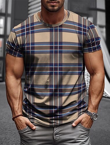  Herren T Shirt Henley Hemd T-Shirt Kurzarmshirt Kurzarm Rundhalsausschnitt Sommer Karo Mode Designer Basic Kariert Urlaub Straße Ausgehen Schwarz Gelb Blau Top T-Shirt für Herren