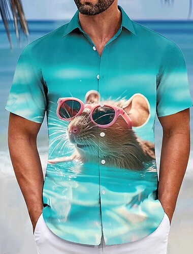  Herren Tiermotiv Lustig Wasserschwein Hemd Sommer Hawaiihemd Knopfhemd Kurzarm Hawaiianisch Resort Urlaub Ferien Strandbekleidung Sommer Frühling Umlegekragen 3D-Druck Hemden mit Kragen Blau Grün