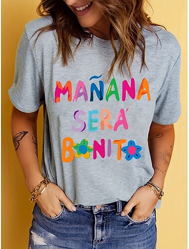  女性用 Tシャツ コットンシャツ グラフィック レタード ボヘミア ヴィンテージ スタイリッシュ 半袖 ラウンドネック レギュラートップス 日常 プリント ブラック ホワイト グレー 夏 春