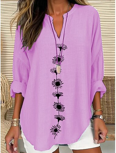  Damen Bluse Blumen Grafik Elegant Stilvoll Langarm V Ausschnitt Normale Oberteile Täglich Ferien Druck Weiß Blau Purpur Sommer Frühling