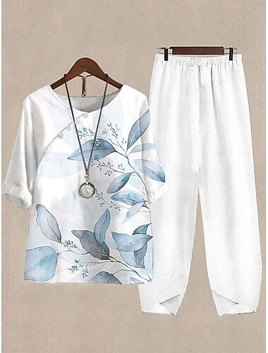  Set di abiti donna 2 Pezzi Camicia Pantaloni Manica corta Collo rotondo Ombre Stampa grafica floreale Casual Quotidiana Vacanza Blu navy Blu chiaro Estate Taglio regolare